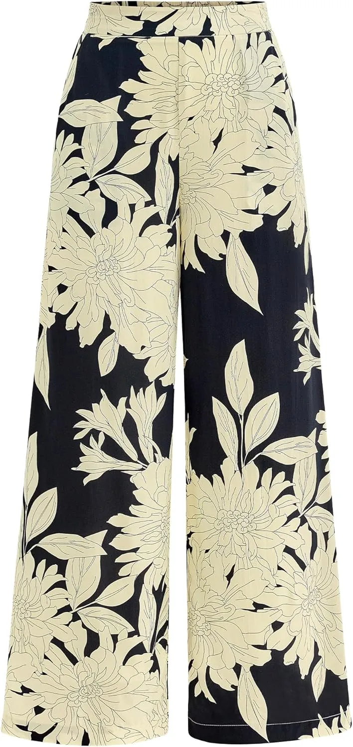 BTFBM Women's Wide Leg Summer Pants 2025 Loose Boho Vacation Trousers Elastic Waist Printed Palazzo Lounge Pant Pockets