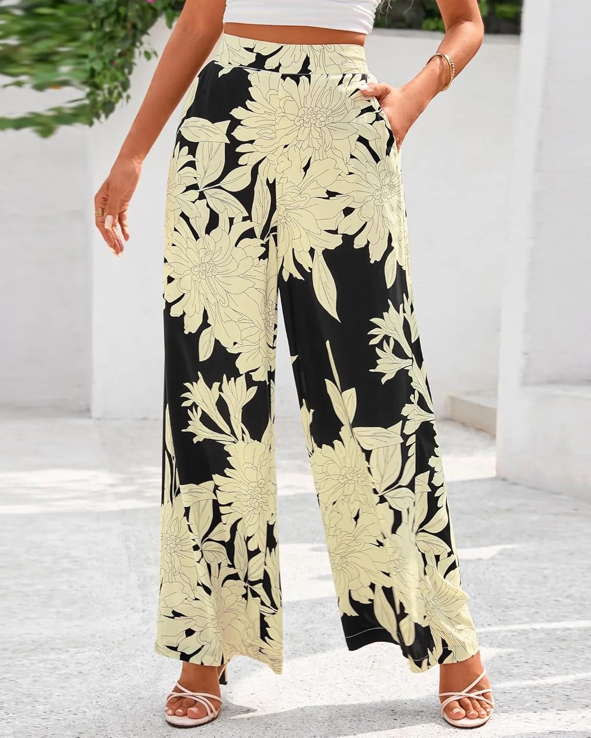BTFBM Women's Wide Leg Summer Pants 2025 Loose Boho Vacation Trousers Elastic Waist Printed Palazzo Lounge Pant Pockets