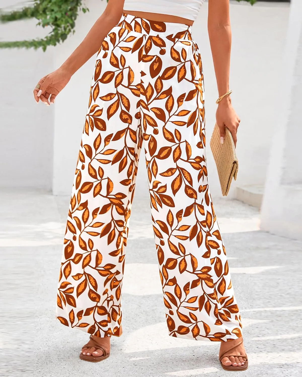 BTFBM Women's Wide Leg Summer Pants 2025 Loose Boho Vacation Trousers Elastic Waist Printed Palazzo Lounge Pant Pockets