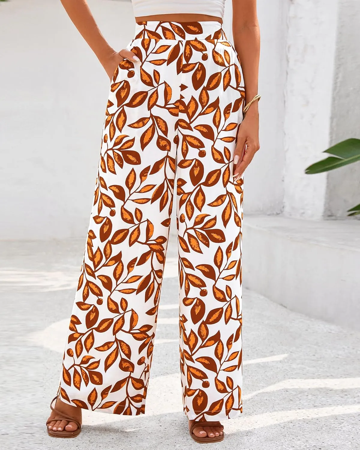 BTFBM Women's Wide Leg Summer Pants 2025 Loose Boho Vacation Trousers Elastic Waist Printed Palazzo Lounge Pant Pockets
