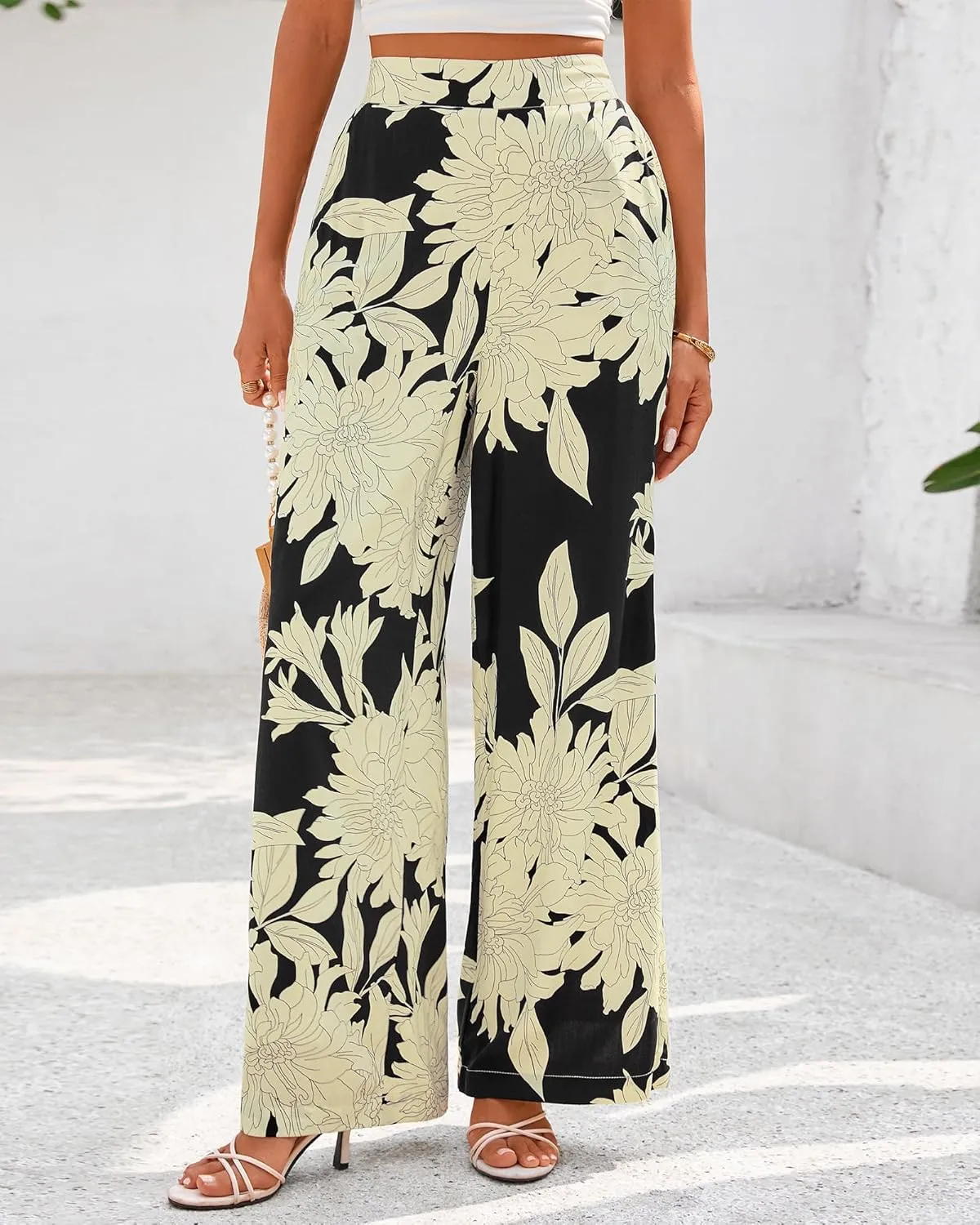BTFBM Women's Wide Leg Summer Pants 2025 Loose Boho Vacation Trousers Elastic Waist Printed Palazzo Lounge Pant Pockets