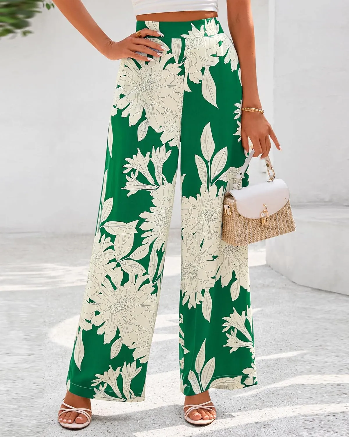BTFBM Women's Wide Leg Summer Pants 2025 Loose Boho Vacation Trousers Elastic Waist Printed Palazzo Lounge Pant Pockets