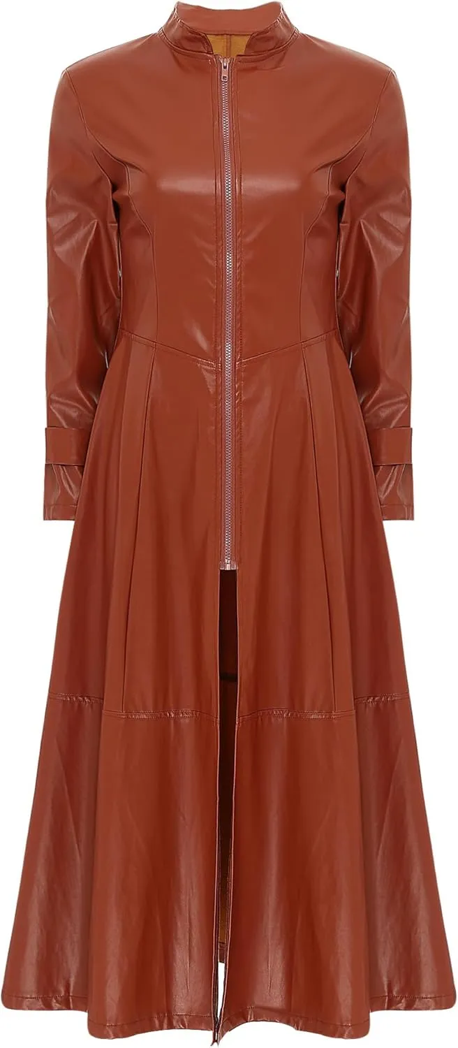 CHICTRY Women/Man's Shiny Metallic Leather Turtleneck Trench Coat Long Jacket