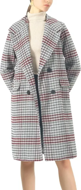 chouyatou Women's Classic Notched Collar Double Breasted Plaid Wool Blend Long Trench Coat