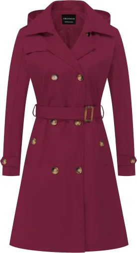 CREATMO US Women's Long Trench Coat Double-Breasted Classic Lapel Overcoat Belted Slim Outerwear Coat with Detachable Hood