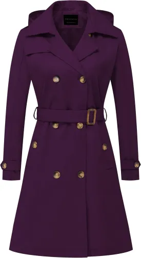 CREATMO US Women's Long Trench Coat Double-Breasted Classic Lapel Overcoat Belted Slim Outerwear Coat with Detachable Hood
