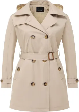 CREATMO US Women's Plus Size Trench Coat Double-Breasted Classic Lapel Overcoat Belted Outerwear Coat with Detachable Hood