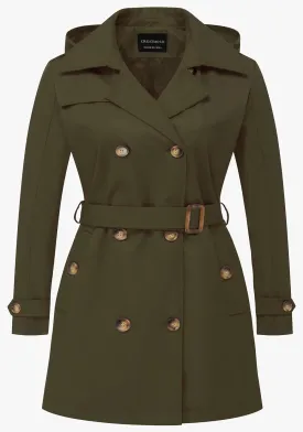 CREATMO US Women's Plus Size Trench Coat Double-Breasted Classic Lapel Overcoat Belted Outerwear Coat with Detachable Hood