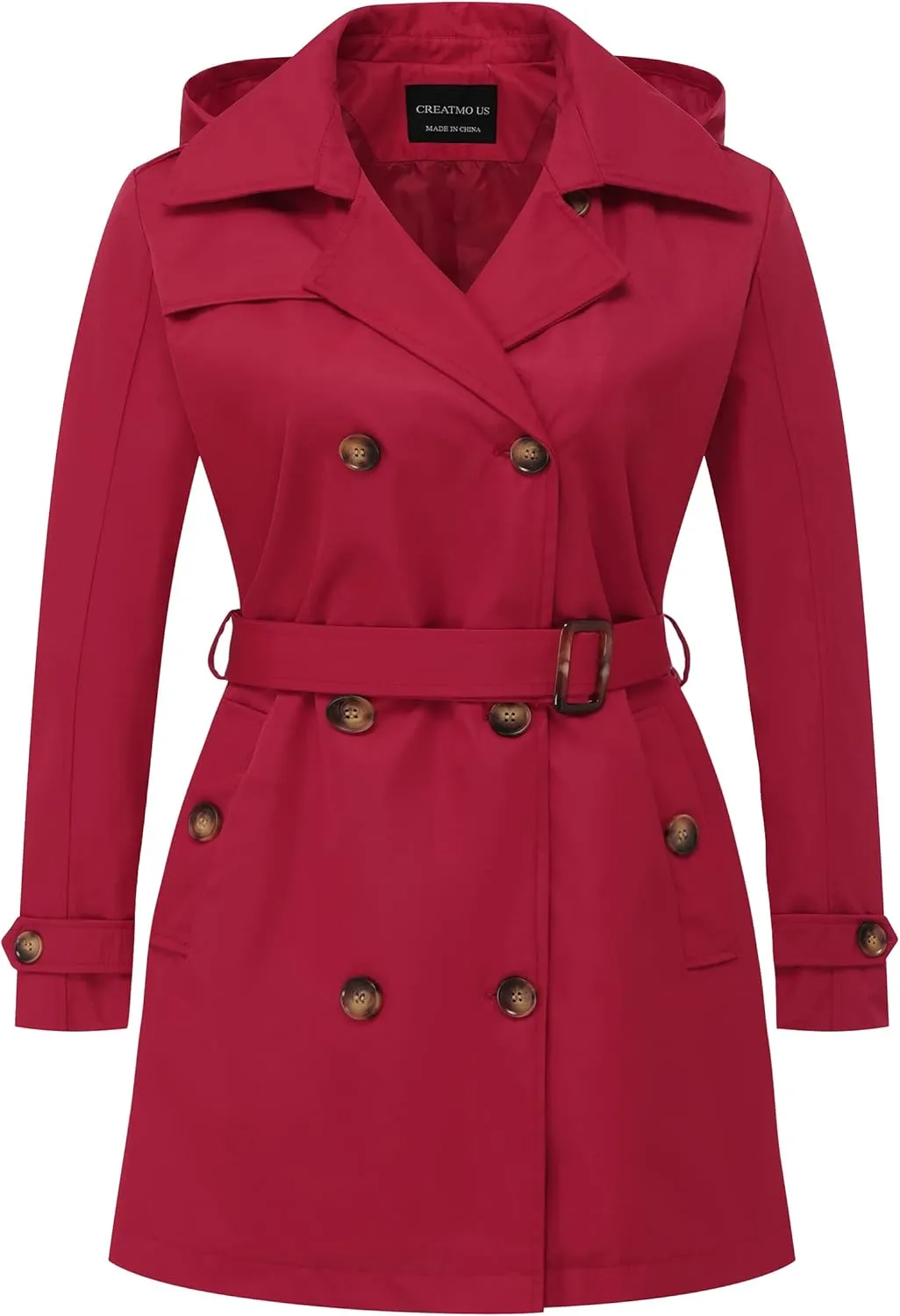 CREATMO US Women's Plus Size Trench Coat Double-Breasted Classic Lapel Overcoat Belted Outerwear Coat with Detachable Hood
