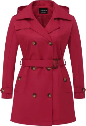CREATMO US Women's Plus Size Trench Coat Double-Breasted Classic Lapel Overcoat Belted Outerwear Coat with Detachable Hood