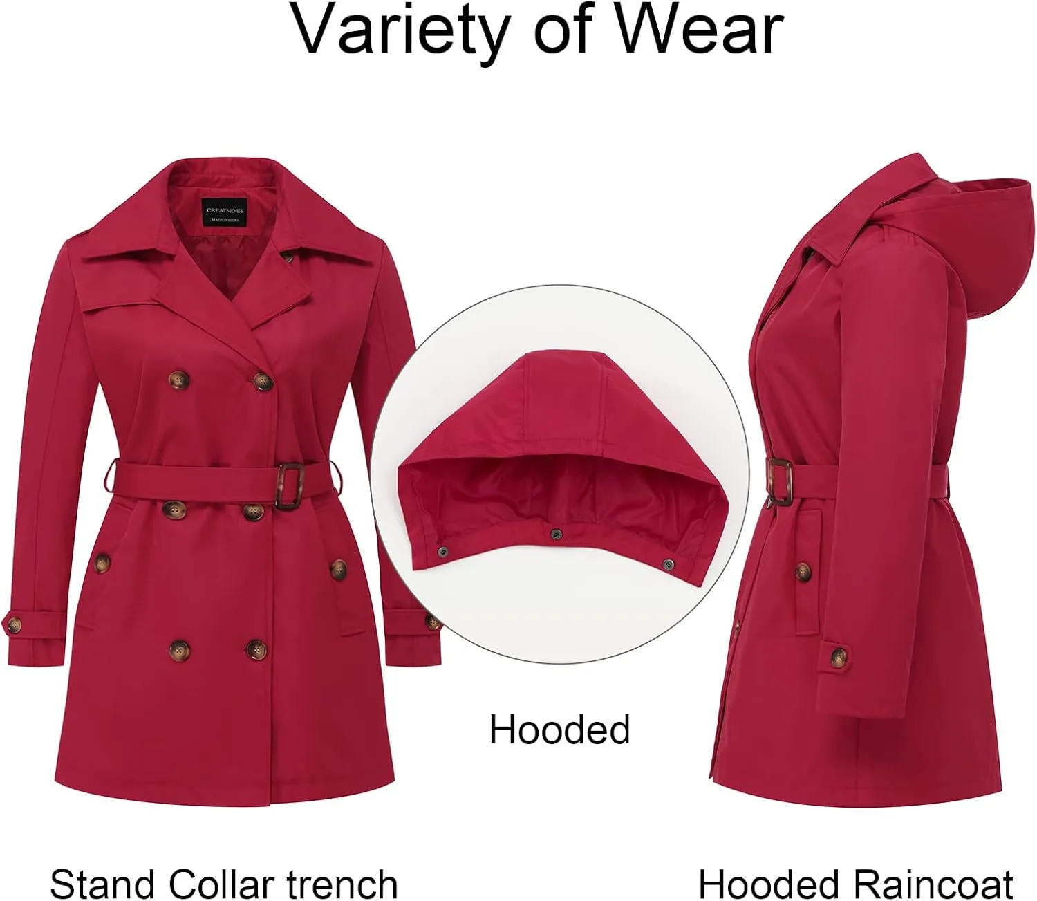 CREATMO US Women's Plus Size Trench Coat Double-Breasted Classic Lapel Overcoat Belted Outerwear Coat with Detachable Hood