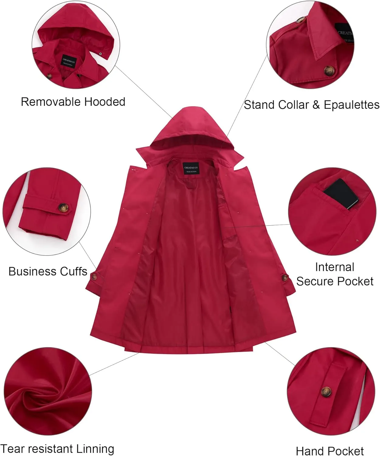 CREATMO US Women's Plus Size Trench Coat Double-Breasted Classic Lapel Overcoat Belted Outerwear Coat with Detachable Hood