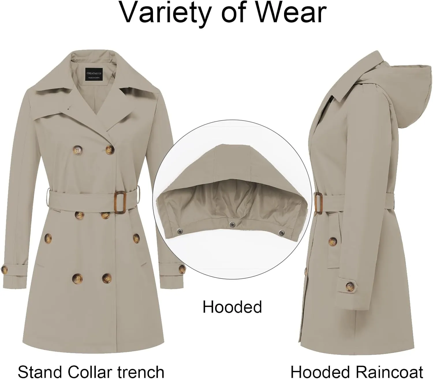 CREATMO US Women's Trench Coat Double-Breasted Classic Lapel Overcoat Belted Slim Outerwear Coat with Detachable Hood