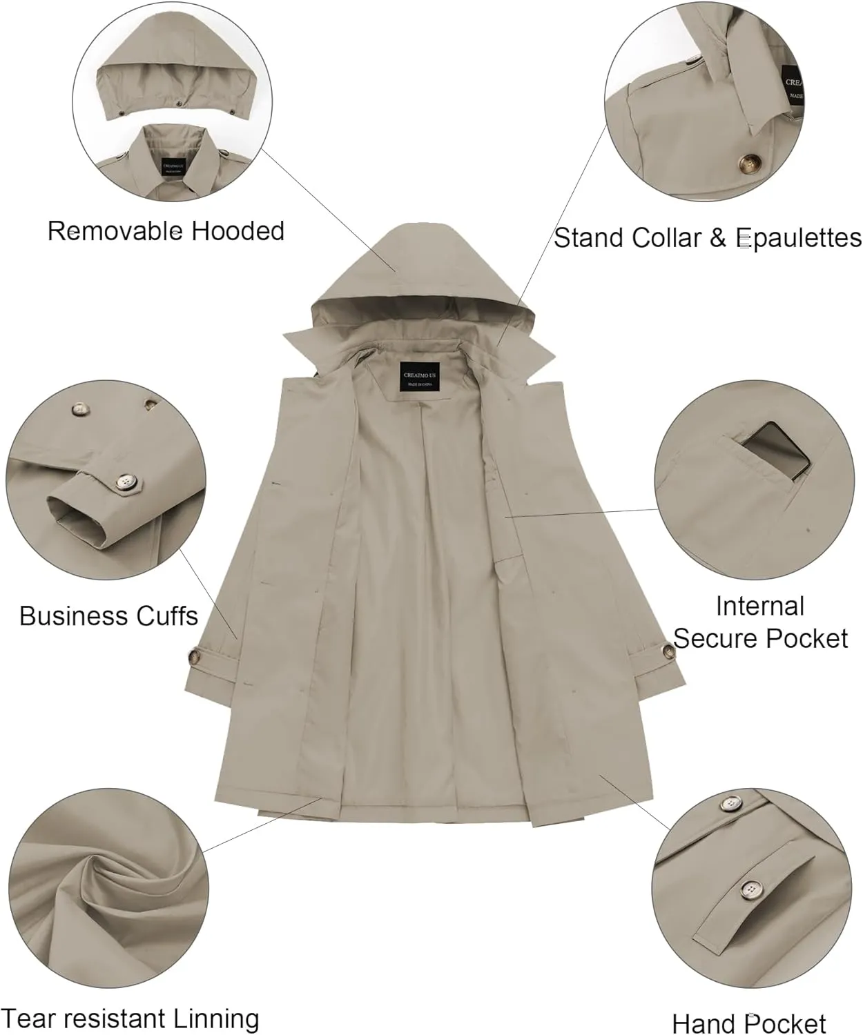 CREATMO US Women's Trench Coat Double-Breasted Classic Lapel Overcoat Belted Slim Outerwear Coat with Detachable Hood