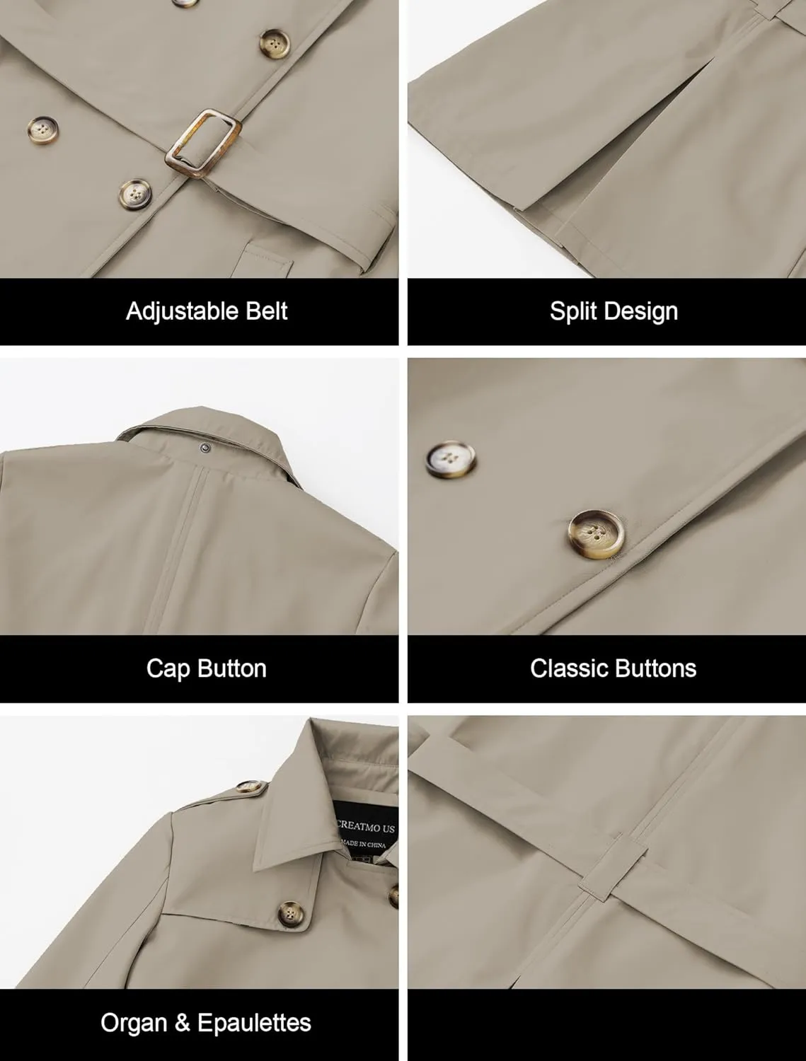 CREATMO US Women's Trench Coat Double-Breasted Classic Lapel Overcoat Belted Slim Outerwear Coat with Detachable Hood
