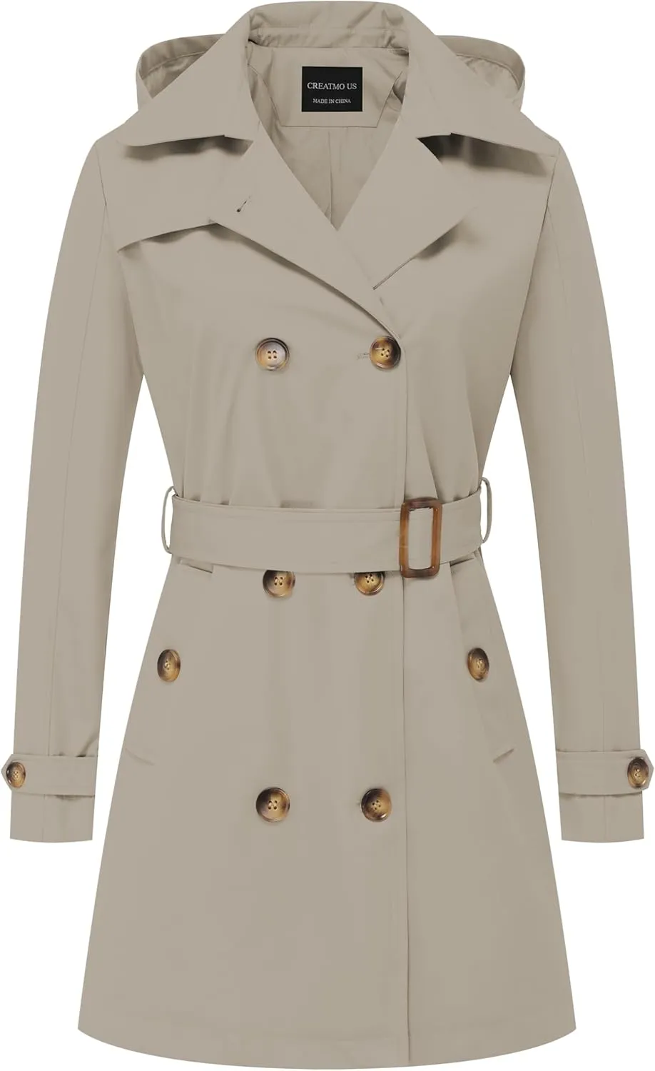 CREATMO US Women's Trench Coat Double-Breasted Classic Lapel Overcoat Belted Slim Outerwear Coat with Detachable Hood