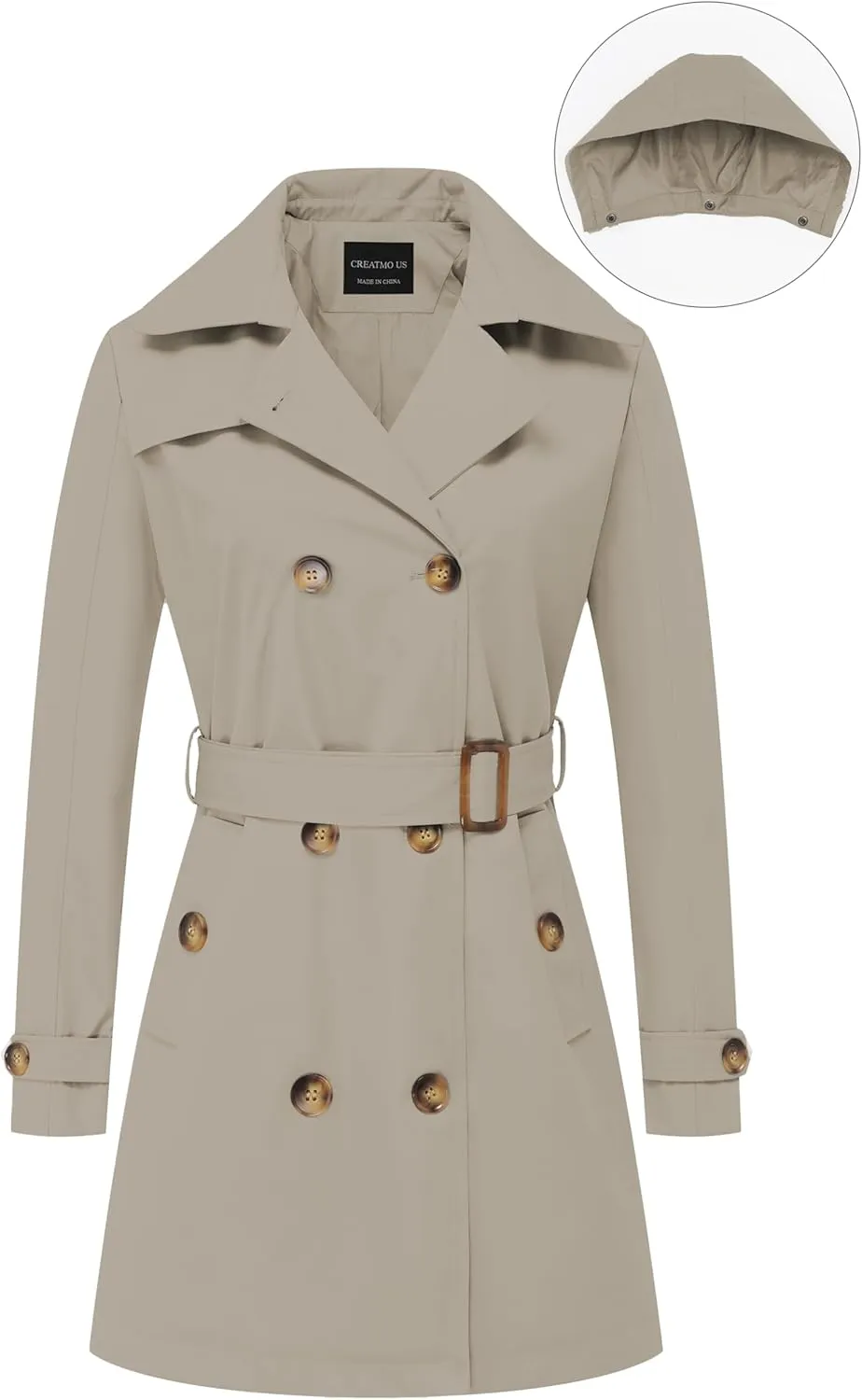 CREATMO US Women's Trench Coat Double-Breasted Classic Lapel Overcoat Belted Slim Outerwear Coat with Detachable Hood