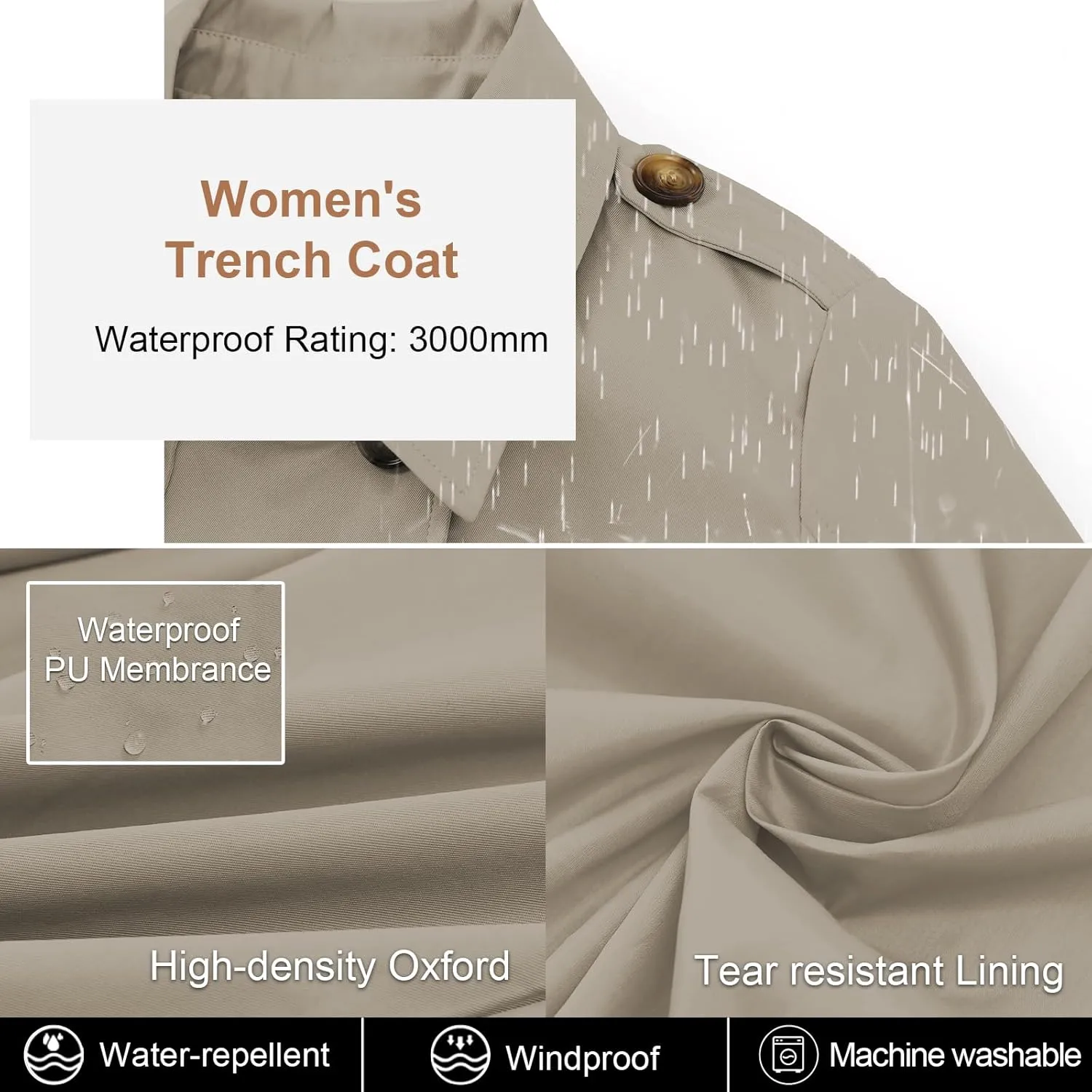 CREATMO US Women's Trench Coat Double-Breasted Classic Lapel Overcoat Belted Slim Outerwear Coat with Detachable Hood