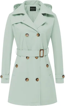 CREATMO US Women's Trench Coat Double-Breasted Classic Lapel Overcoat Belted Slim Outerwear Coat with Detachable Hood