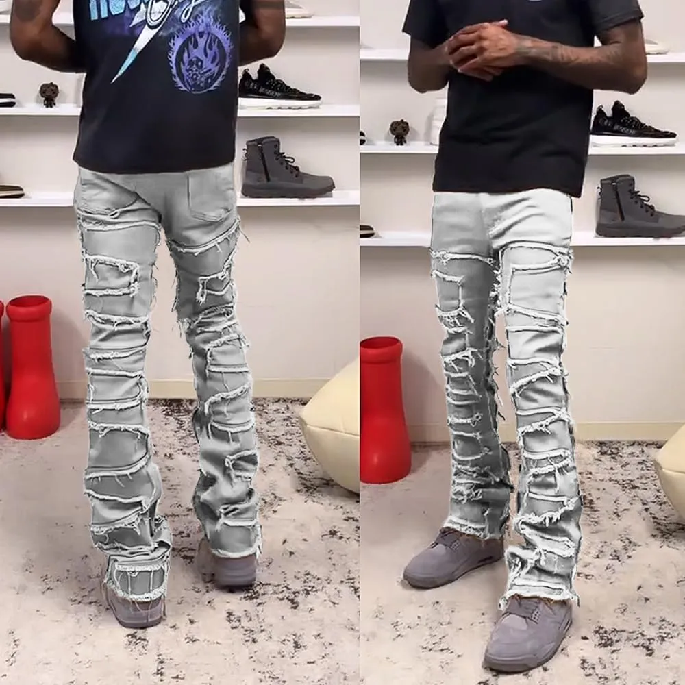 EVEDESIGN Y2K Stacked Jeans for Men - Slim Fit, Skinny and Ripped Streetwear Pants