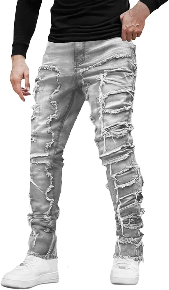 EVEDESIGN Y2K Stacked Jeans for Men - Slim Fit, Skinny and Ripped Streetwear Pants