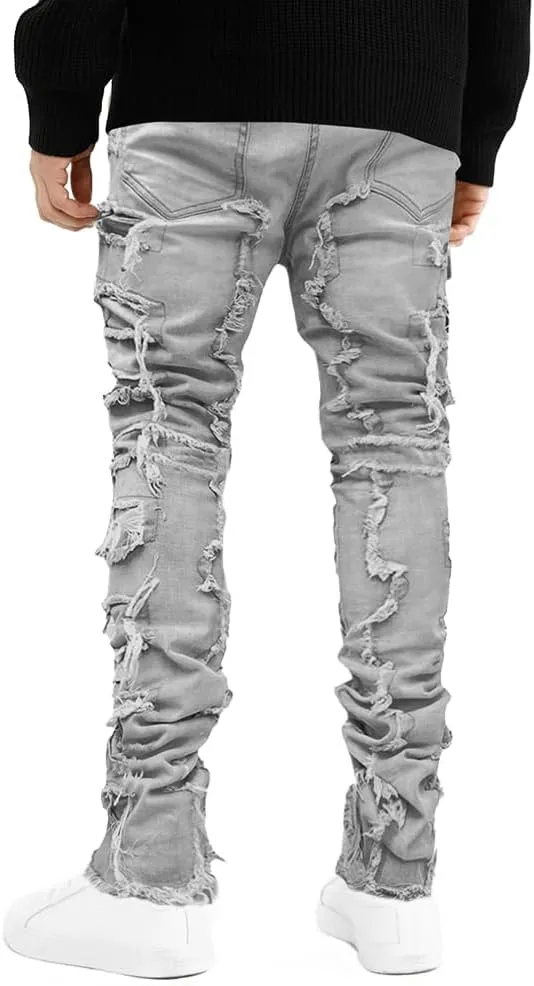 EVEDESIGN Y2K Stacked Jeans for Men - Slim Fit, Skinny and Ripped Streetwear Pants