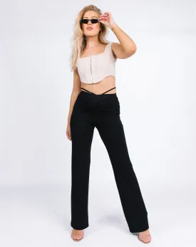 Flared Trousers With Ruching Tie in Black | Florence