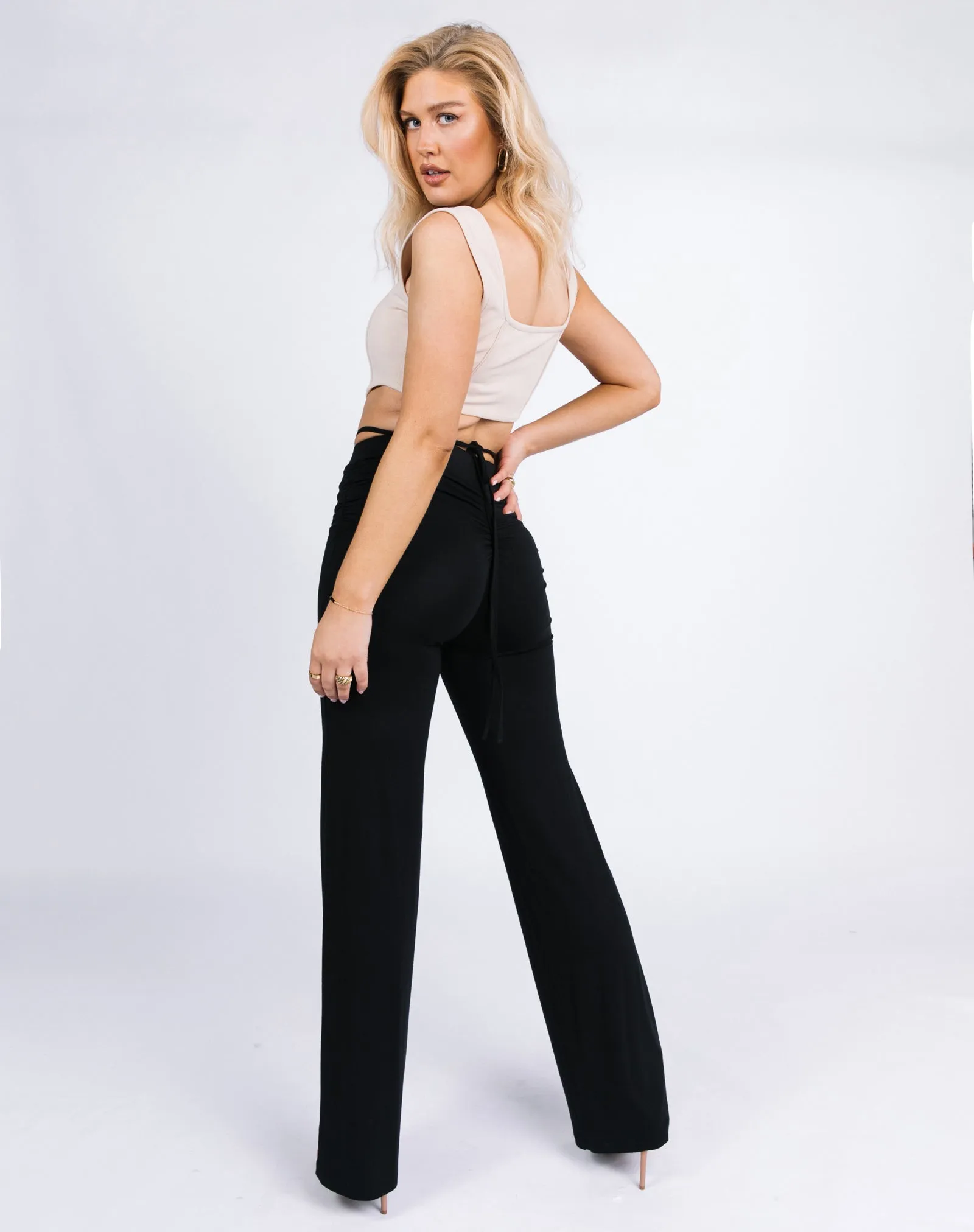 Flared Trousers With Ruching Tie in Black | Florence
