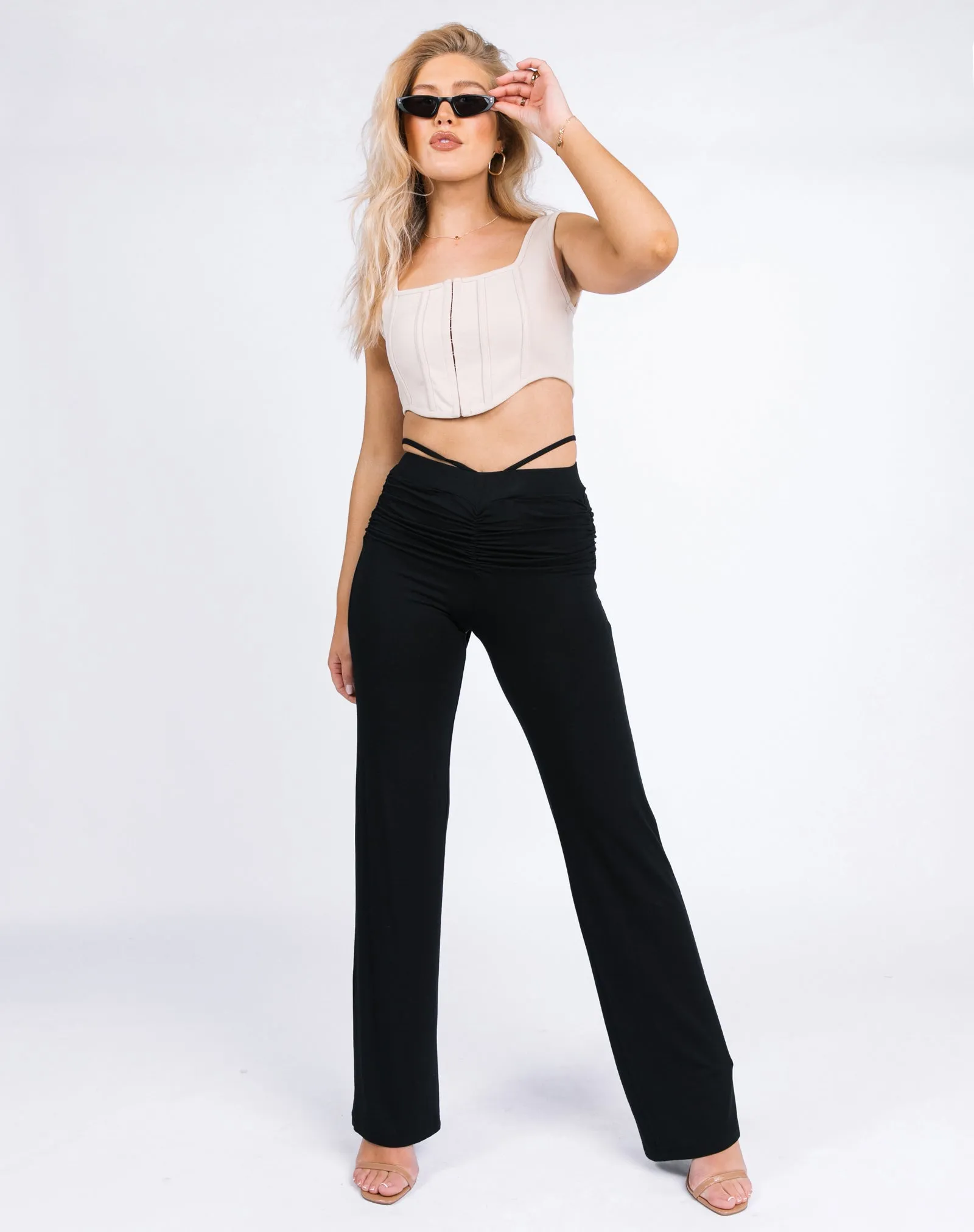 Flared Trousers With Ruching Tie in Black | Florence