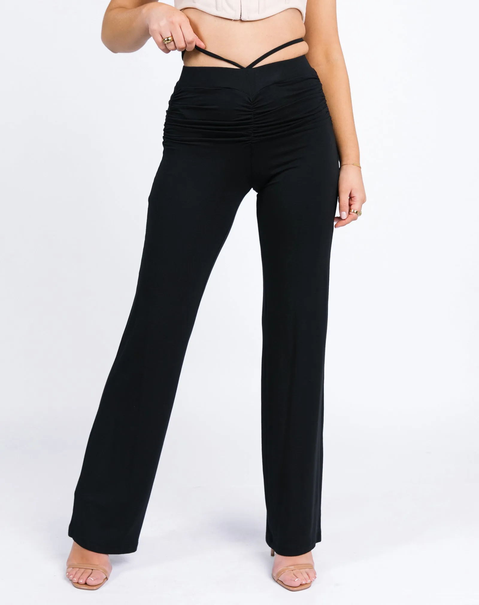 Flared Trousers With Ruching Tie in Black | Florence