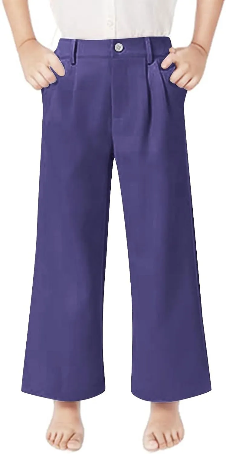 Girls School Uniform Long Pants Preppy Buttons High Waist Baggy Wide Leg Trousers Teen Formal Casual Dress Pants