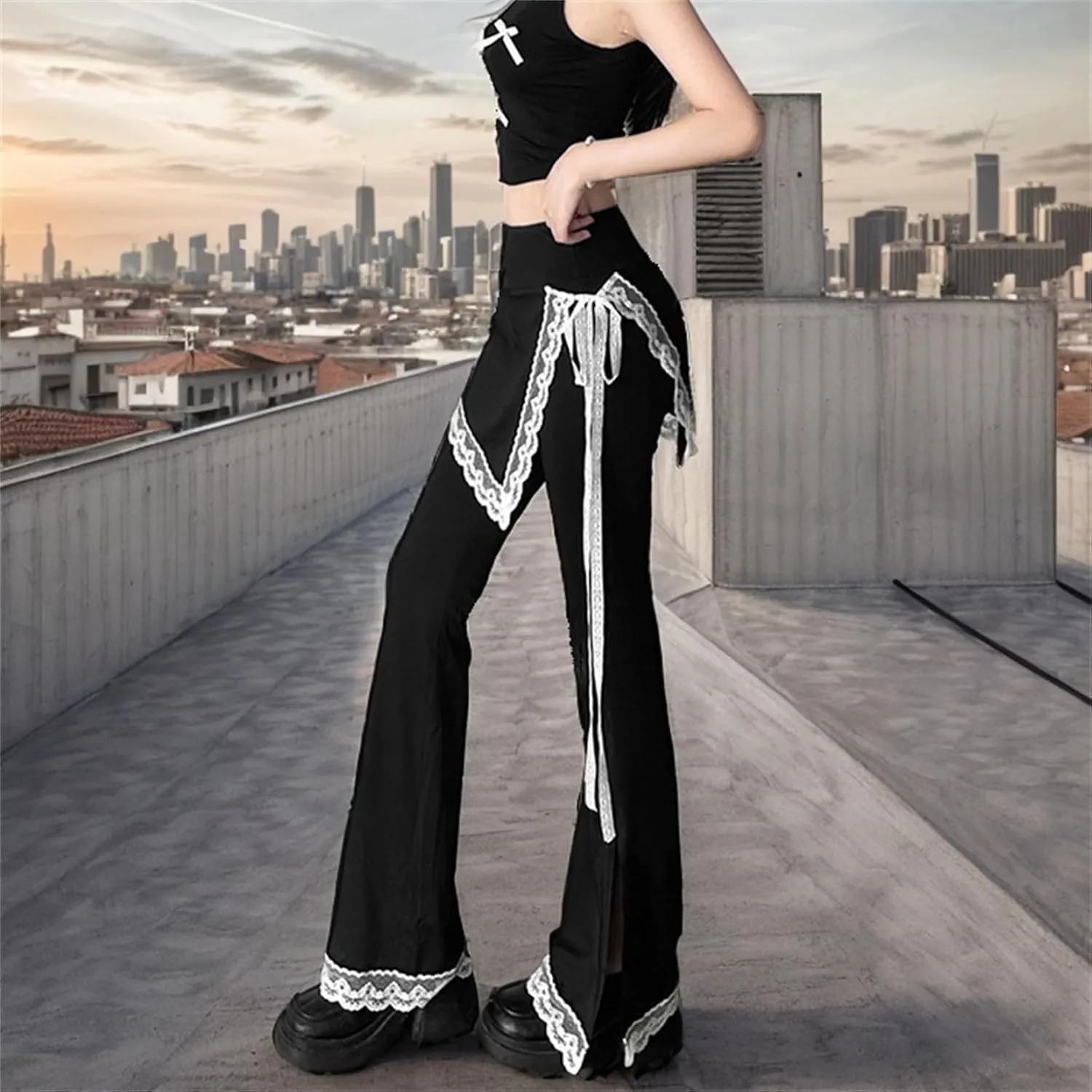 Gothic Bottom Pants for Women Punk Wide Leg Rave Goth Disco Festival