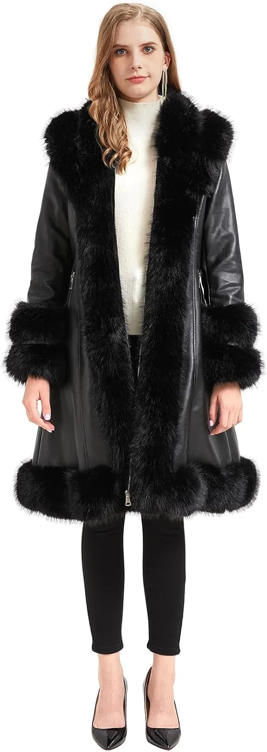 GRAN ORIENTE Women's Faux Leather Long Trench Jacket with Faux Fur Collar, Winter Warm Lined Trim Parka Coat with Belt