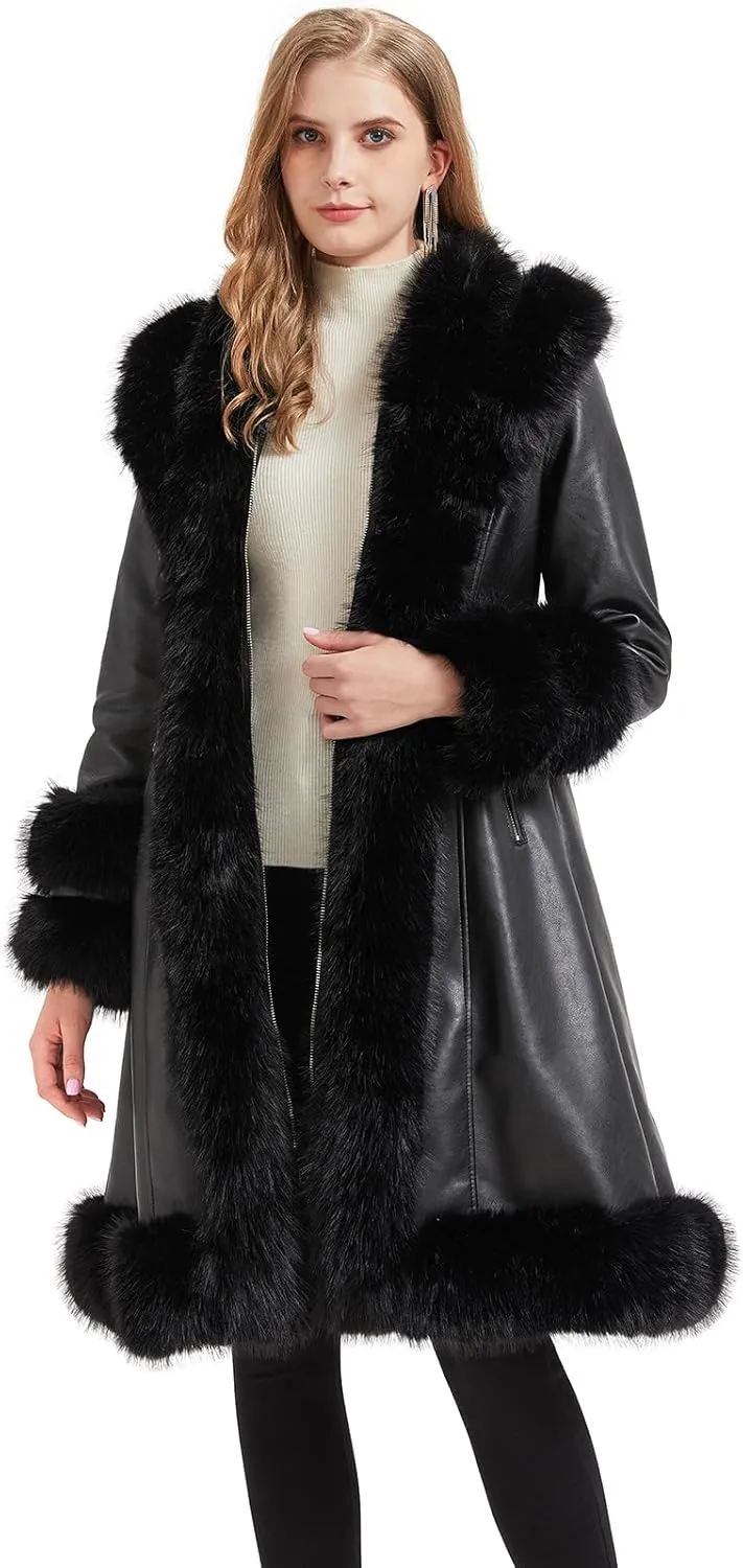 GRAN ORIENTE Women's Faux Leather Long Trench Jacket with Faux Fur Collar, Winter Warm Lined Trim Parka Coat with Belt