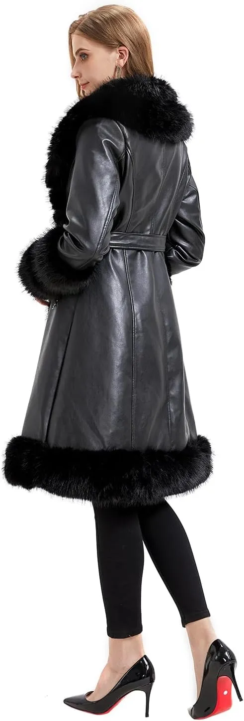 GRAN ORIENTE Women's Faux Leather Long Trench Jacket with Faux Fur Collar, Winter Warm Lined Trim Parka Coat with Belt