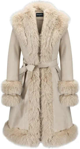 GRAN ORIENTE Women's Faux Leather Long Trench Jacket with Faux Fur Collar, Winter Warm Lined Trim Parka Coat with Belt