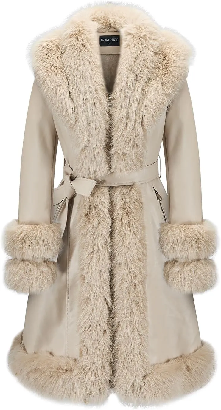GRAN ORIENTE Women's Faux Leather Long Trench Jacket with Faux Fur Collar, Winter Warm Lined Trim Parka Coat with Belt