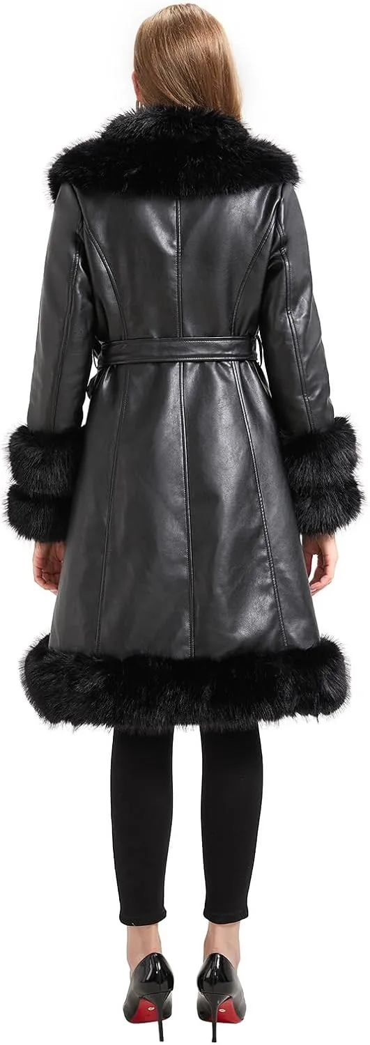 GRAN ORIENTE Women's Faux Leather Long Trench Jacket with Faux Fur Collar, Winter Warm Lined Trim Parka Coat with Belt