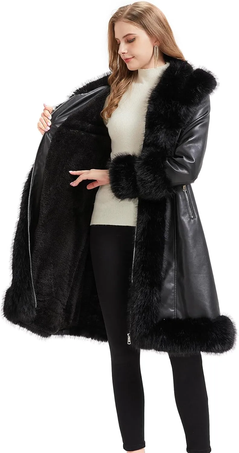 GRAN ORIENTE Women's Faux Leather Long Trench Jacket with Faux Fur Collar, Winter Warm Lined Trim Parka Coat with Belt