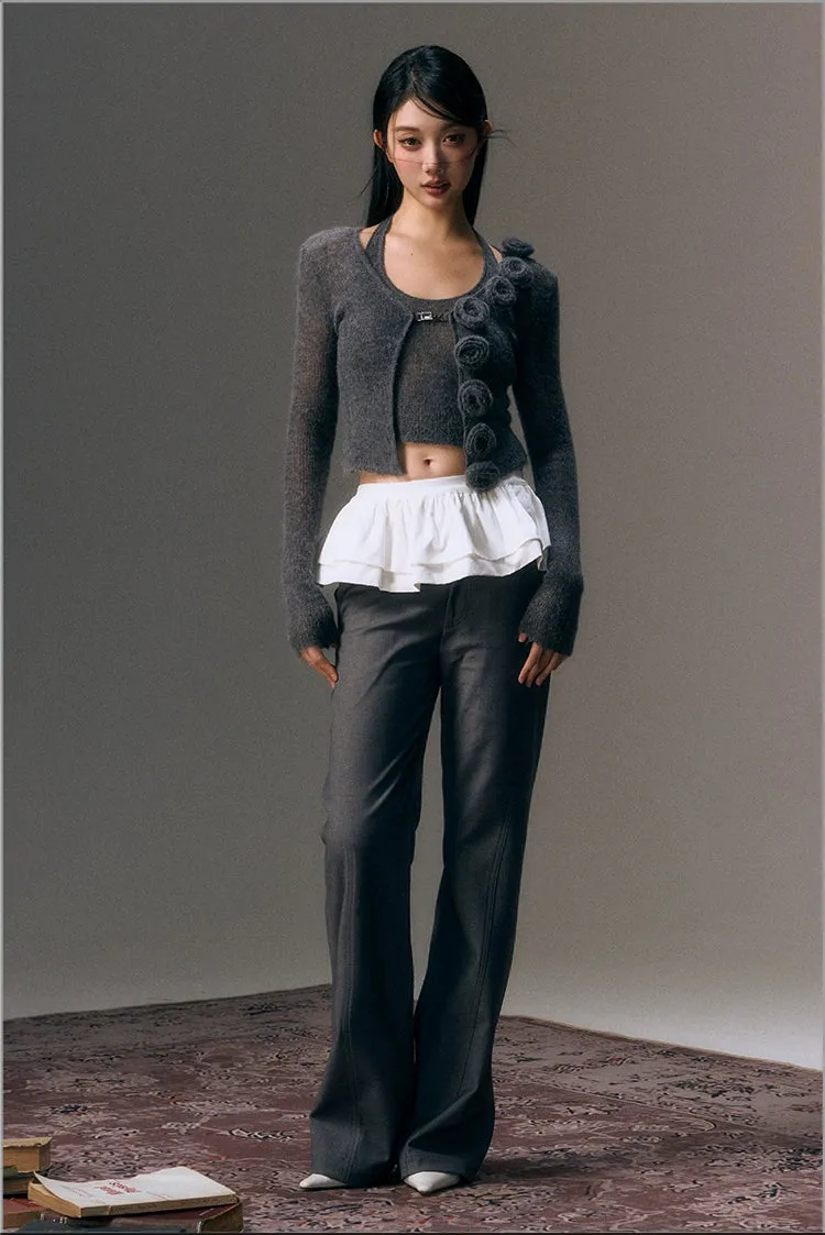 Gray Detachable Patchwork Flared 2-in-1 Casual Trousers