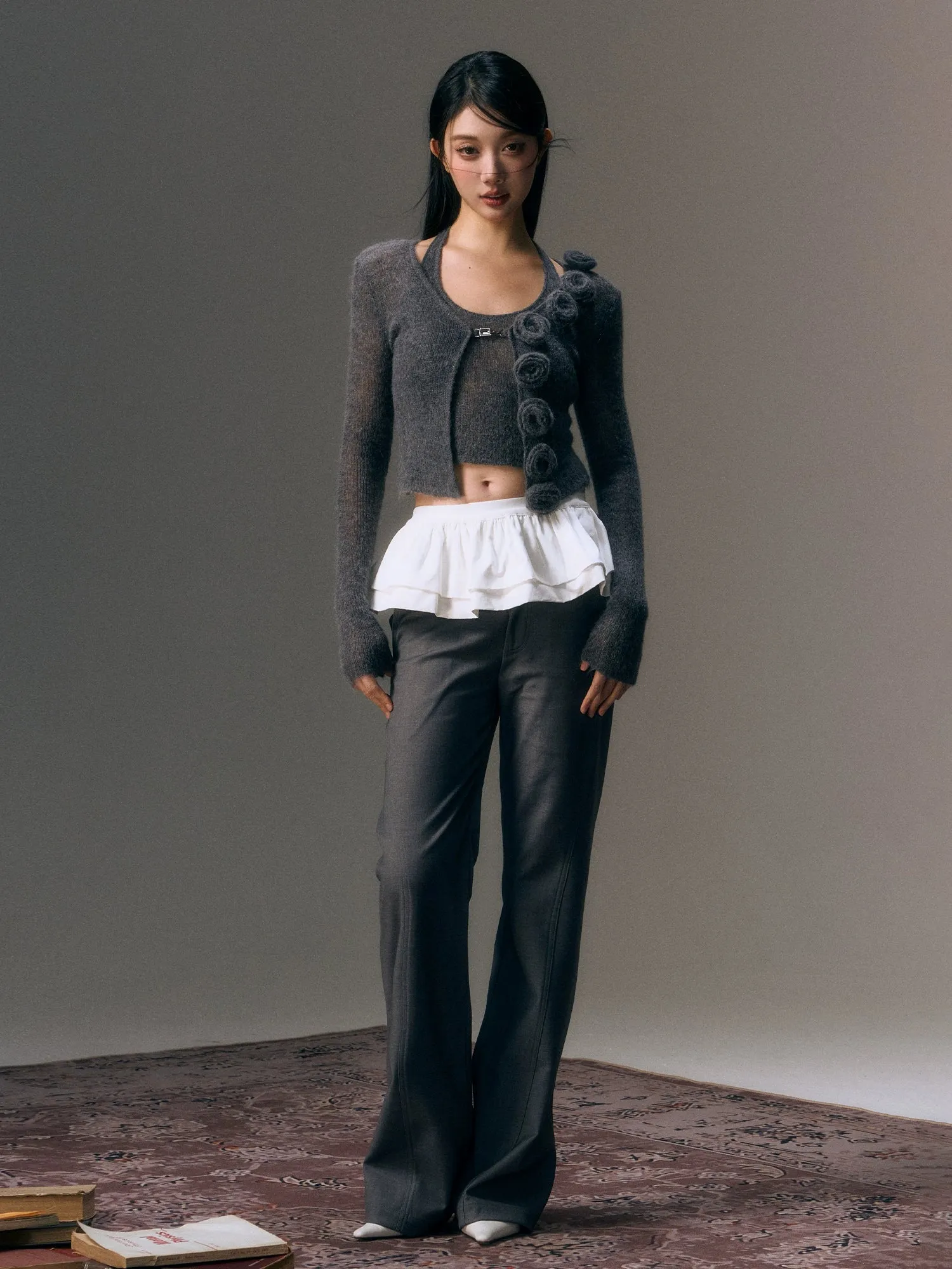 Gray Detachable Patchwork Flared 2-in-1 Casual Trousers