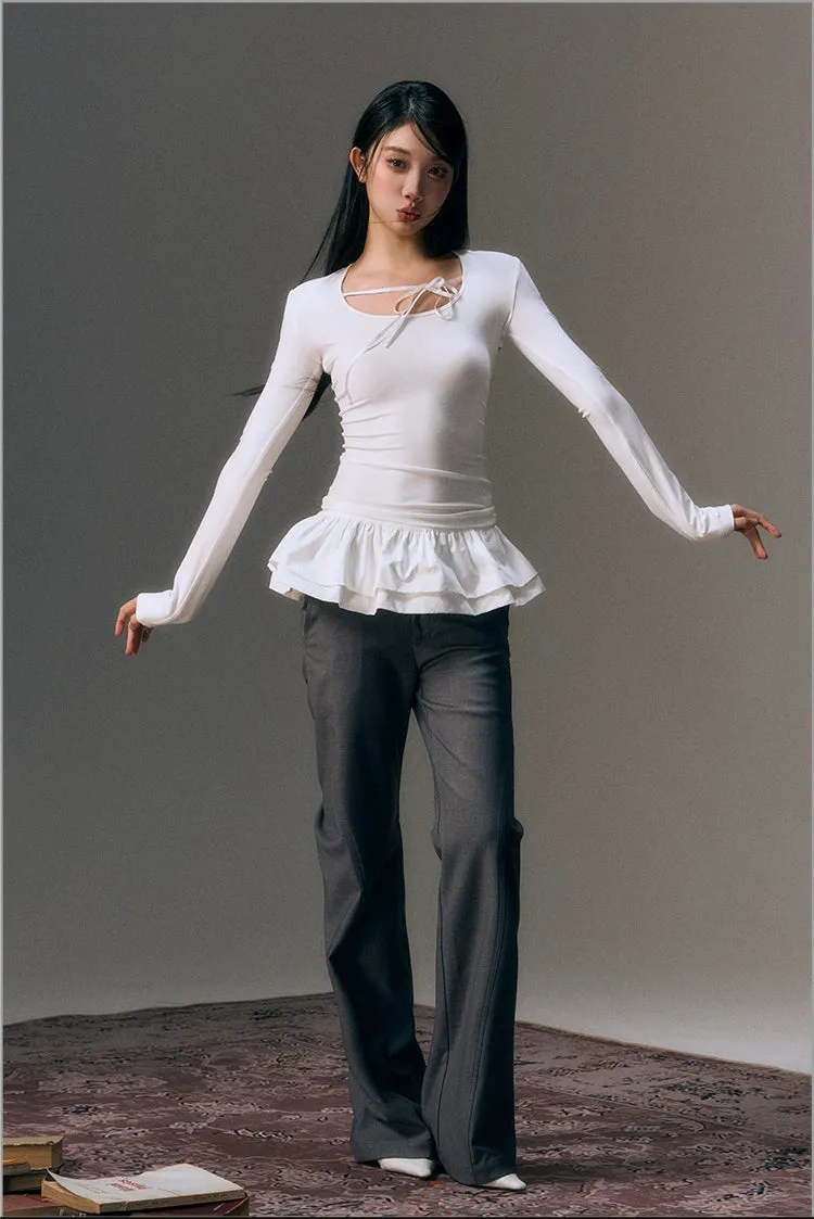 Gray Detachable Patchwork Flared 2-in-1 Casual Trousers