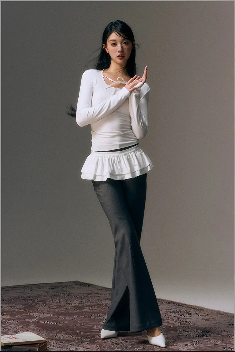 Gray Detachable Patchwork Flared 2-in-1 Casual Trousers