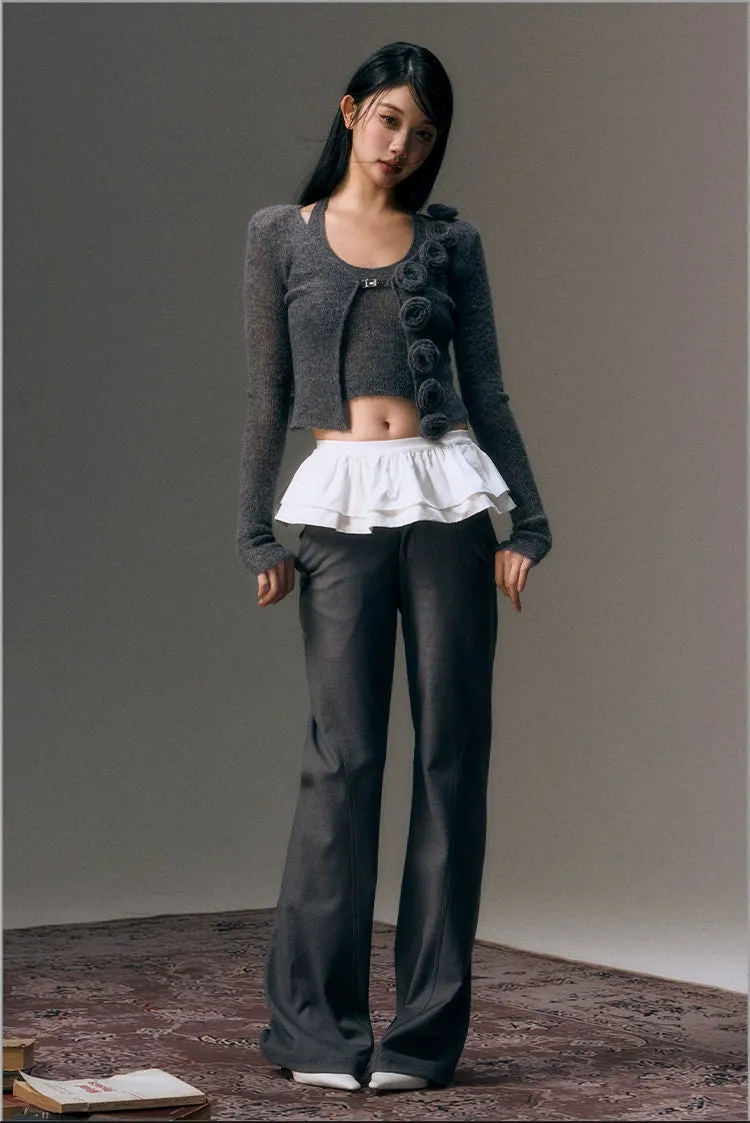 Gray Detachable Patchwork Flared 2-in-1 Casual Trousers