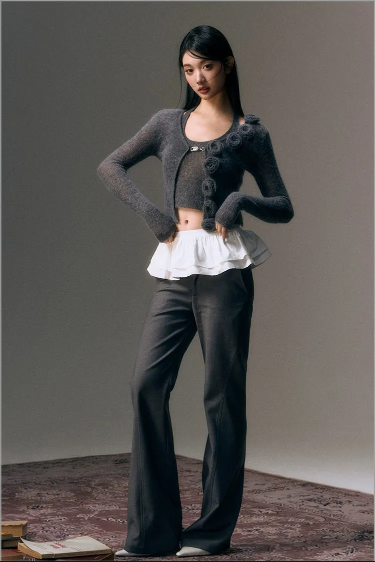 Gray Detachable Patchwork Flared 2-in-1 Casual Trousers
