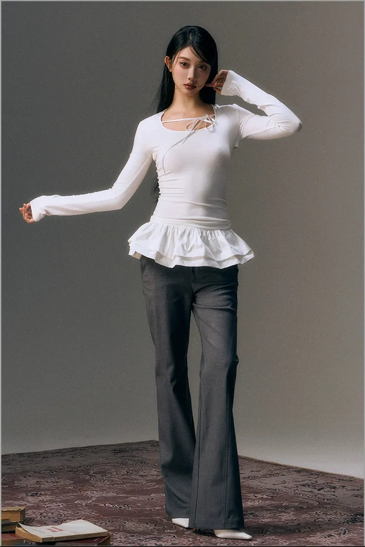 Gray Detachable Patchwork Flared 2-in-1 Casual Trousers