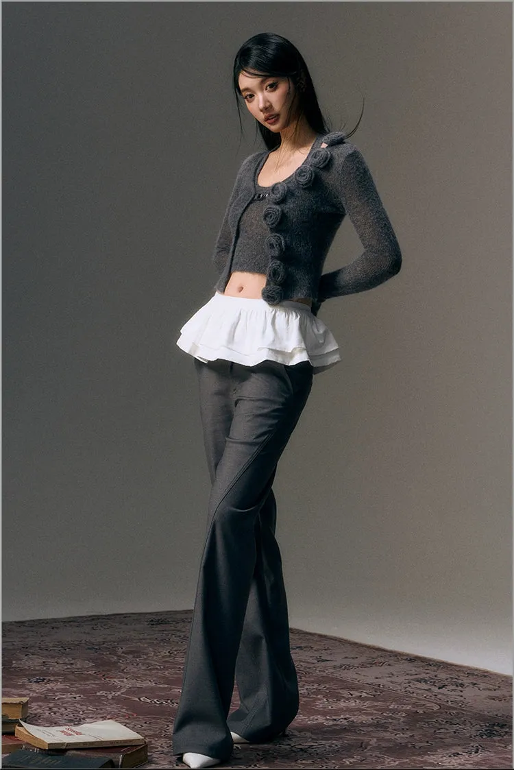 Gray Detachable Patchwork Flared 2-in-1 Casual Trousers
