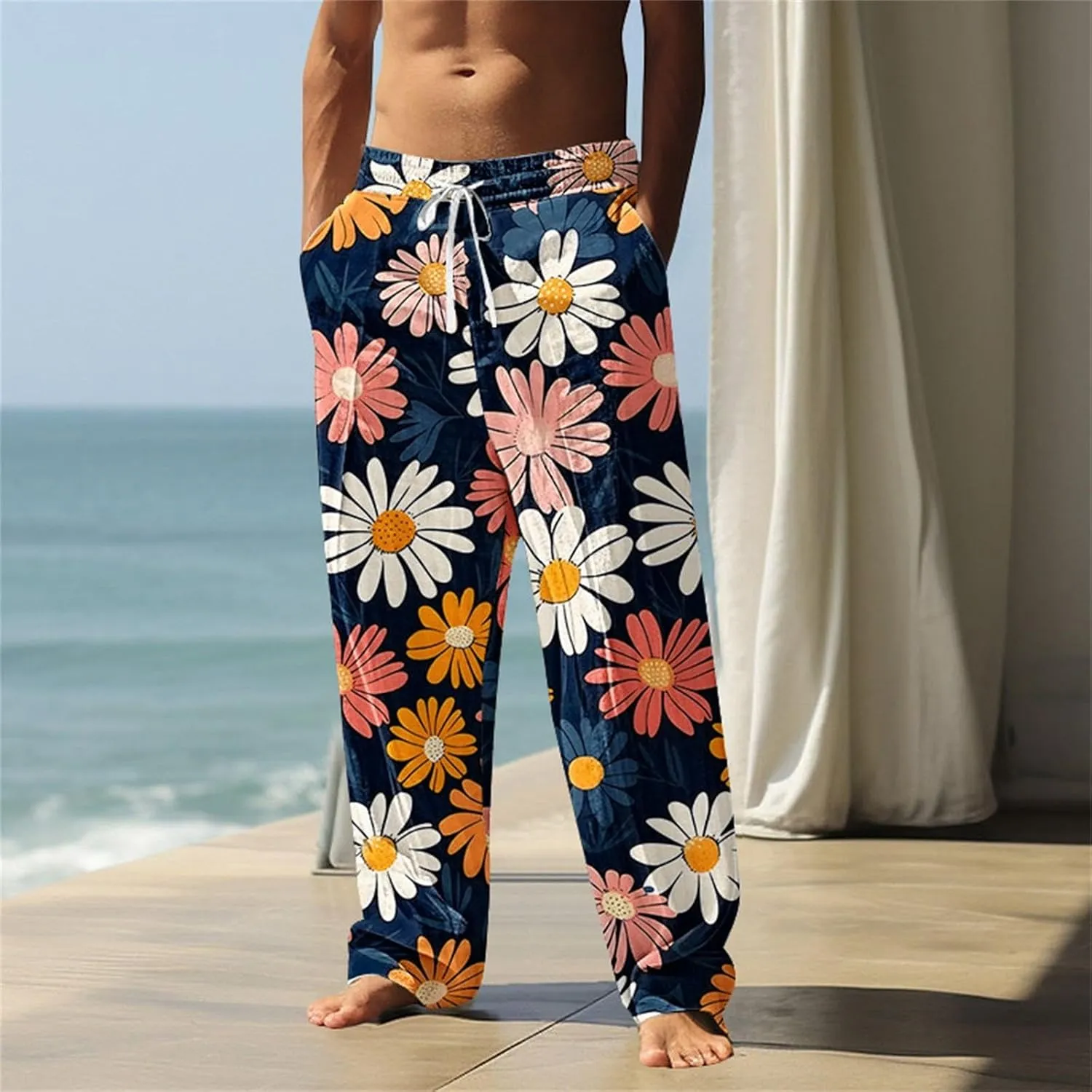 Hawaiian Ocean Wave Sweatpants for Men Lightweight Beachwear Lounge Pants Comfy Relaxed Fit Tropical Vacation Pants