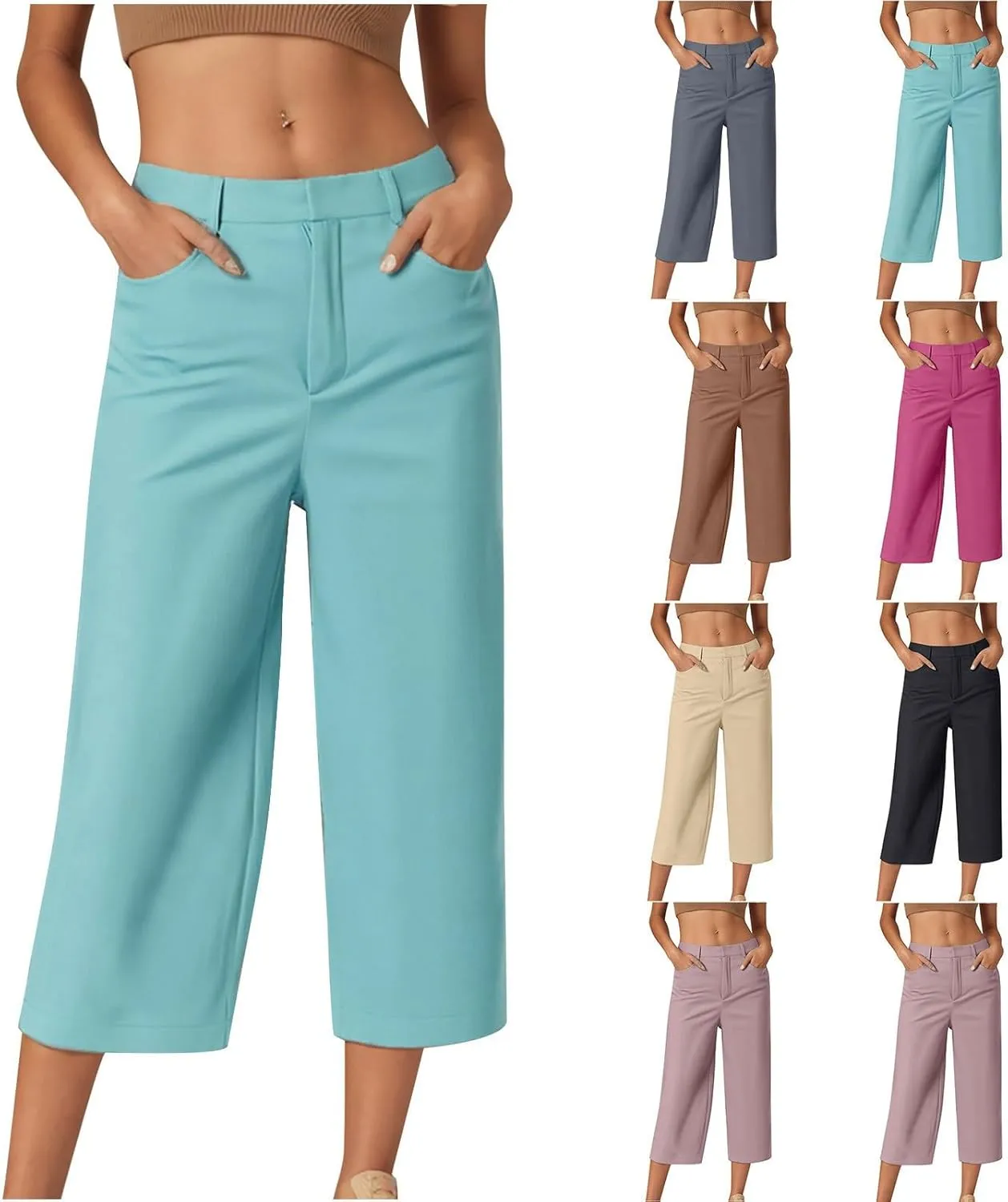 HGps8w Capris for Women Dress Pants 2025 Summer Loose Casual Stretch High Waisted Crop Straight Leg Trousers with Pockets