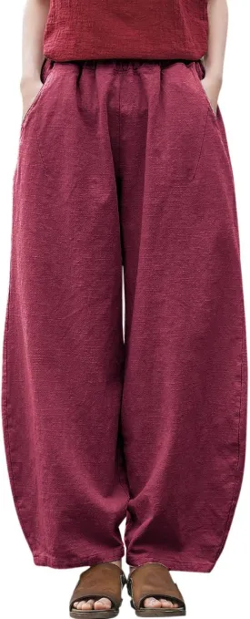IXIMO Women's Linen Pants Casual Wide Leg Relax Fit Ankle Length Lantern Trousers